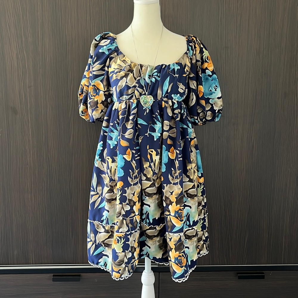 3/$12 Blue Floral Mini Puffed Dress